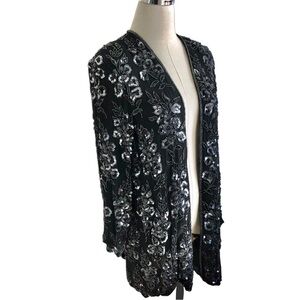 Vintage Black Tie Oleg Cassini Beaded Sequined Silk Duster Jacket